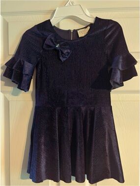 Hannah Banana Navy Sparkle Velvet Ruffle Sleeve Dress with Bow